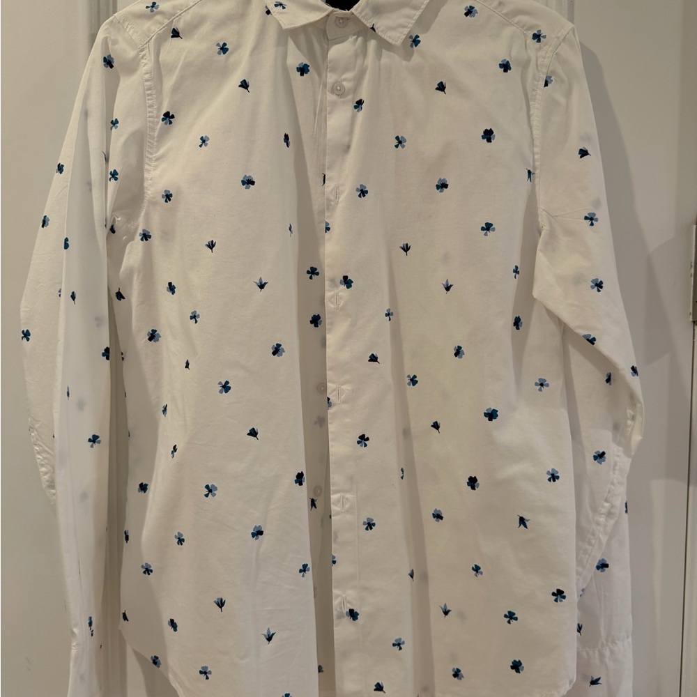 Men's White Button-Down Shirt with Blue Micro Floral Print